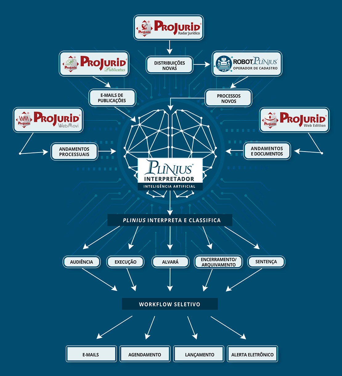 Andamentos processuais, e-mail de publicao, novos processos, audincia, execuo, arquivamento, sentea judicial, alerta eletrnico | Plinius - Inteligncia Artificial Jurdica